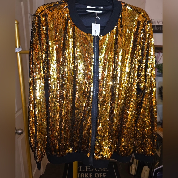 Dazzling Gold Sequin Bomber Jacket Pit To Pit 28 Plus New Years. 2x - Picture 3 of 10